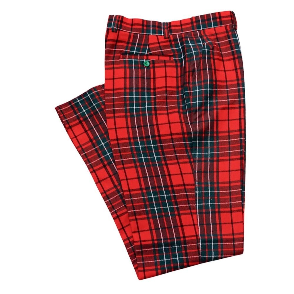 Mens 32 Red Plaid Wool Pants Tartan Check Straight Fit Flat Front Dress Trousers
